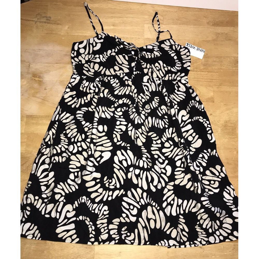 NWT Nine West Black/White/Tan Sleeveless Strappy A-Line Dress Womens Size Large